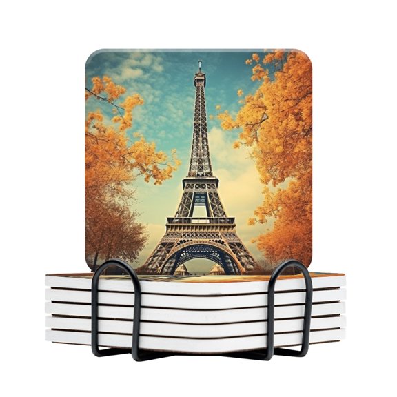 BaHomeck Drink Coasters Set Of 6 With Holder Eiffel Tower In Autumn With Sunny Day Water Absorbent Ceramic Coasters Tabletop Protection,Suitable For Various Cup,Home Decor