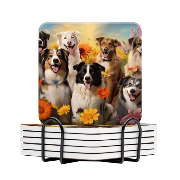 BaHomeck Drink Coasters Set Of 6 With Holder Group Of Happy Dogs Among Flowers In Sunny Water Absorbent Ceramic Coasters Tabletop Protection,Suitable For Various Cup,Home Decor