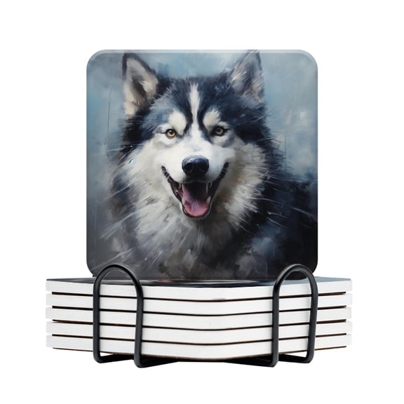 BaHomeck Drink Coasters Set Of 6 With Holder Happy Husky Dog Water Absorbent Ceramic Coasters Tabletop Protection,Suitable For Various Cup,Home Decor