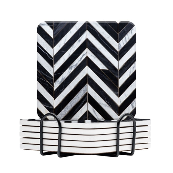 BaHomeck Drink Coasters Set Of 6 With Holder Herringbone Pattern Made Of Black And White Marble Tiles (2) Water Absorbent Ceramic Coasters Tabletop Protection,Suitable For Various Cup,Home Decor