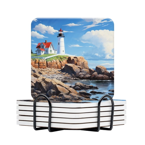 BaHomeck Drink Coasters Set Of 6 With Holder Lighthouse Sits Atop Rocky Cliffs Overlooking The Ocean Water Absorbent Ceramic Coasters Tabletop Protection,Suitable For Various Cup,Home Decor