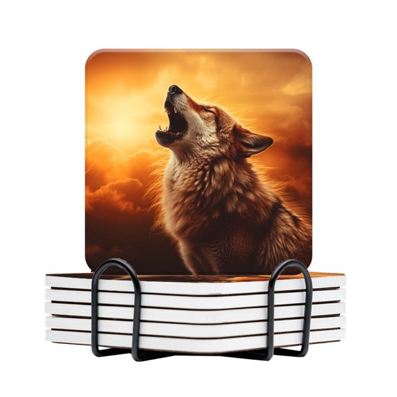 BaHomeck Drink Coasters Set Of 6 With Holder Majestic Wolf Growled At The Sky Water Absorbent Ceramic Coasters Tabletop Protection,Suitable For Various Cup,Home Decor