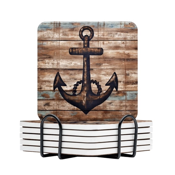 BaHomeck Drink Coasters Set Of 6 With Holder Nautical Anchor On Wooden Wall Water Absorbent Ceramic Coasters Tabletop Protection,Suitable For Various Cup,Home Decor