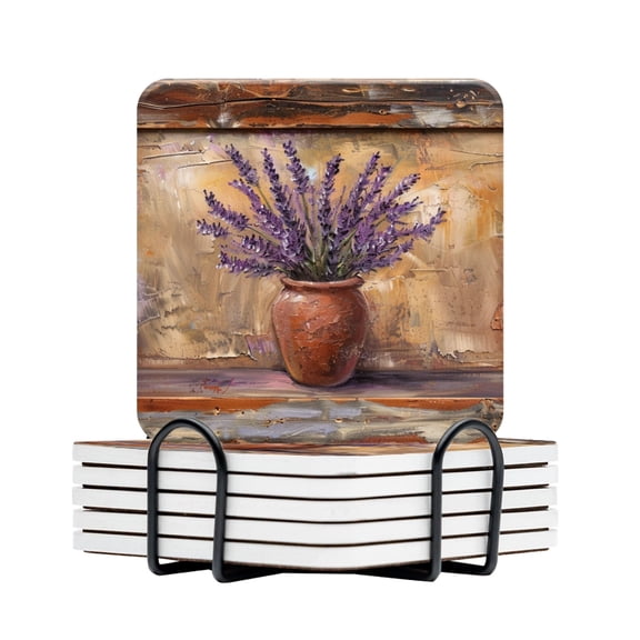 BaHomeck Drink Coasters Set Of 6 With Holder Oil Painting Of Lavender In Old Clay Pot Water Absorbent Ceramic Coasters Tabletop Protection,Suitable For Various Cup,Home Decor