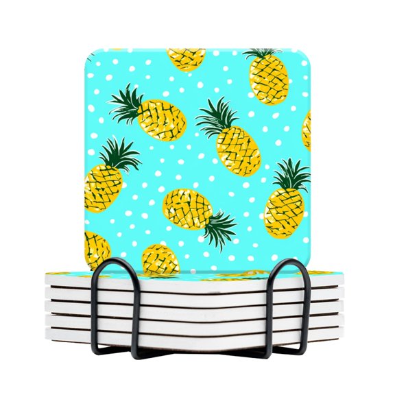 BaHomeck Drink Coasters Set Of 6 With Holder Pineapple Pattern With Cute Cartoon Style (1) Water Absorbent Ceramic Coasters Tabletop Protection,Suitable For Various Cup,Home Decor