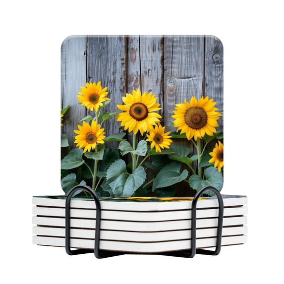 BaHomeck Drink Coasters Set Of 6 With Holder Row Of Sunflowers Growing Against Old Wooden Fence Water Absorbent Ceramic Coasters Tabletop Protection,Suitable For Various Cup,Home Decor