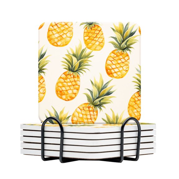 BaHomeck Drink Coasters Set Of 6 With Holder Seamless Pattern Of Watercolor Pineapples Water Absorbent Ceramic Coasters Tabletop Protection,Suitable For Various Cup,Home Decor