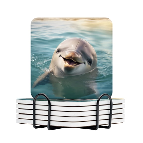 BaHomeck Drink Coasters Set Of 6 With Holder Smiling Dolphin With Open Mouth In The Water Water Absorbent Ceramic Coasters Tabletop Protection,Suitable For Various Cup,Home Decor