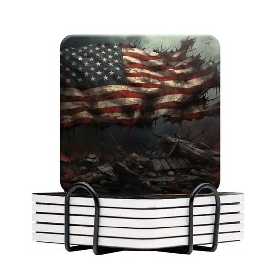 BaHomeck Drink Coasters Set Of 6 With Holder The American Flag Atop A Pile Of Rubble And Torn And Destroyed Water Absorbent Ceramic Coasters Tabletop Protection,Suitable For Various Cup,Home Decor