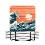 BaHomeck Drink Coasters Set Of 6 With Holder The Great Wave Water Absorbent Ceramic Coasters Tabletop Protection,Suitable For Various Cup,Home Decor