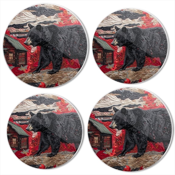 BaHomeck Electric Stove Burner Covers Set of 4,Round Metal Gas Stove Burner Covers 8 Inch and 10 Inch,Kitchen Decor,Black Bear Walking In Front Of Old Log Cabin