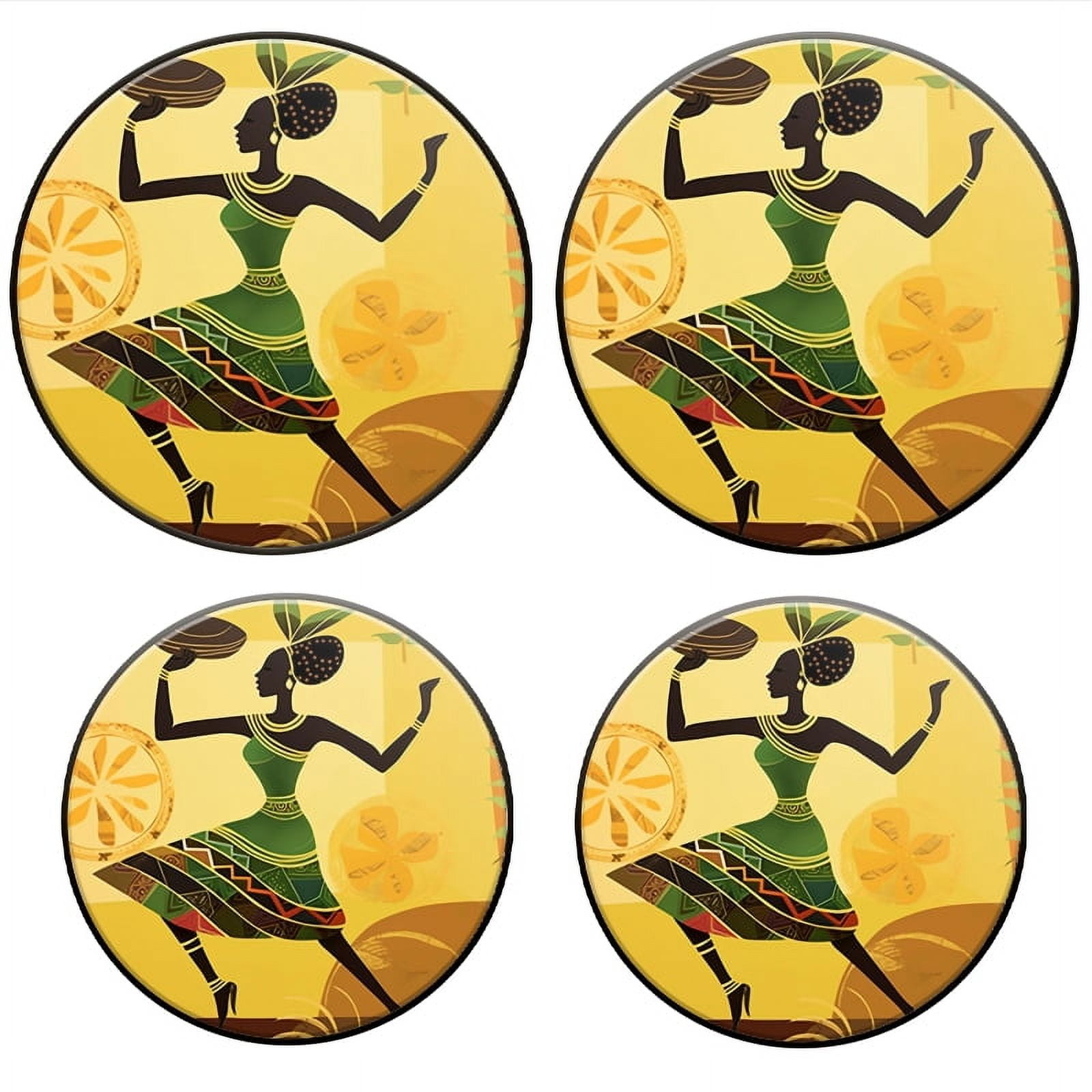 BaHomeck Electric Stove Burner Covers Set of 4,Round Metal Gas Stove Burner Covers 8 Inch and 10 Inch,Kitchen Decor,African Woman Dancing And Holding Food Bowl In Hand