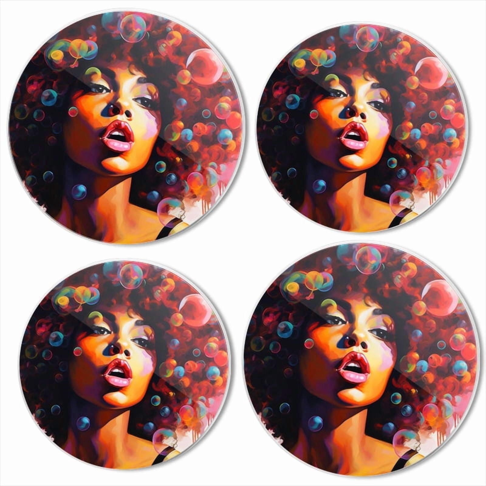 BaHomeck Electric Stove Burner Covers Set of 4,Round Metal Gas Stove Burner Covers 8 Inch and 10 Inch,Kitchen Decor,American Woman With Curly Hair Blowing Bubbles