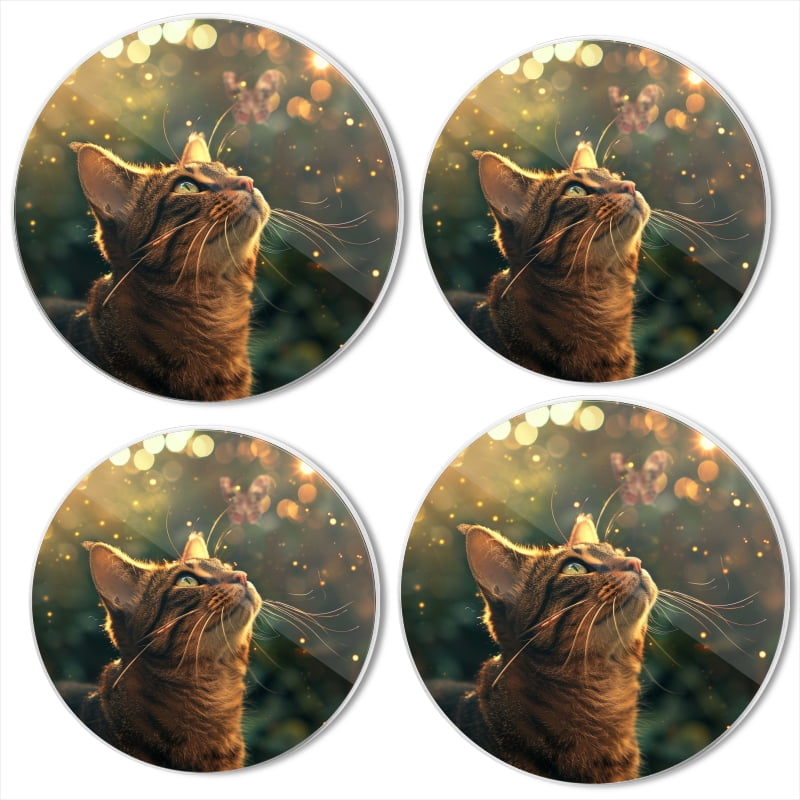 BaHomeck Electric Stove Burner Covers Set of 4,Round Metal Gas Stove Burner Covers 8 Inch and 10 Inch,Kitchen Decor,Beautiful Cat In The Garden Looking At Butterfly