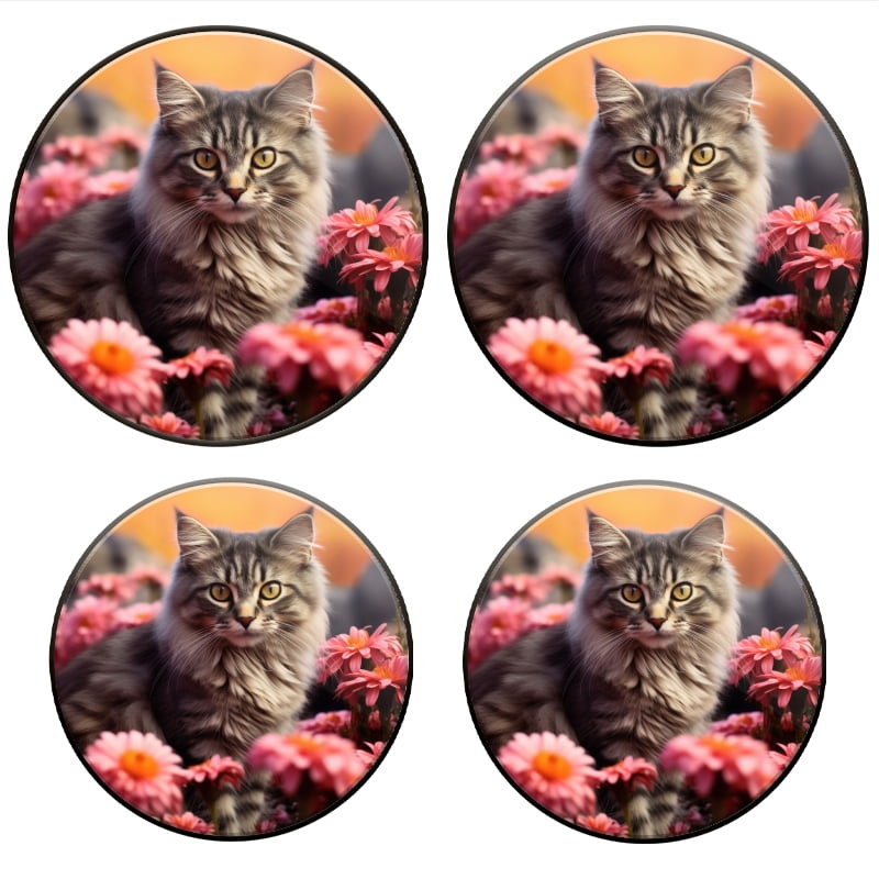 BaHomeck Electric Stove Burner Covers Set of 4,Round Metal Gas Stove Burner Covers 8 Inch and 10 Inch,Kitchen Decor,Beautiful Fluffy Cat Sitting In The Pink Flowers