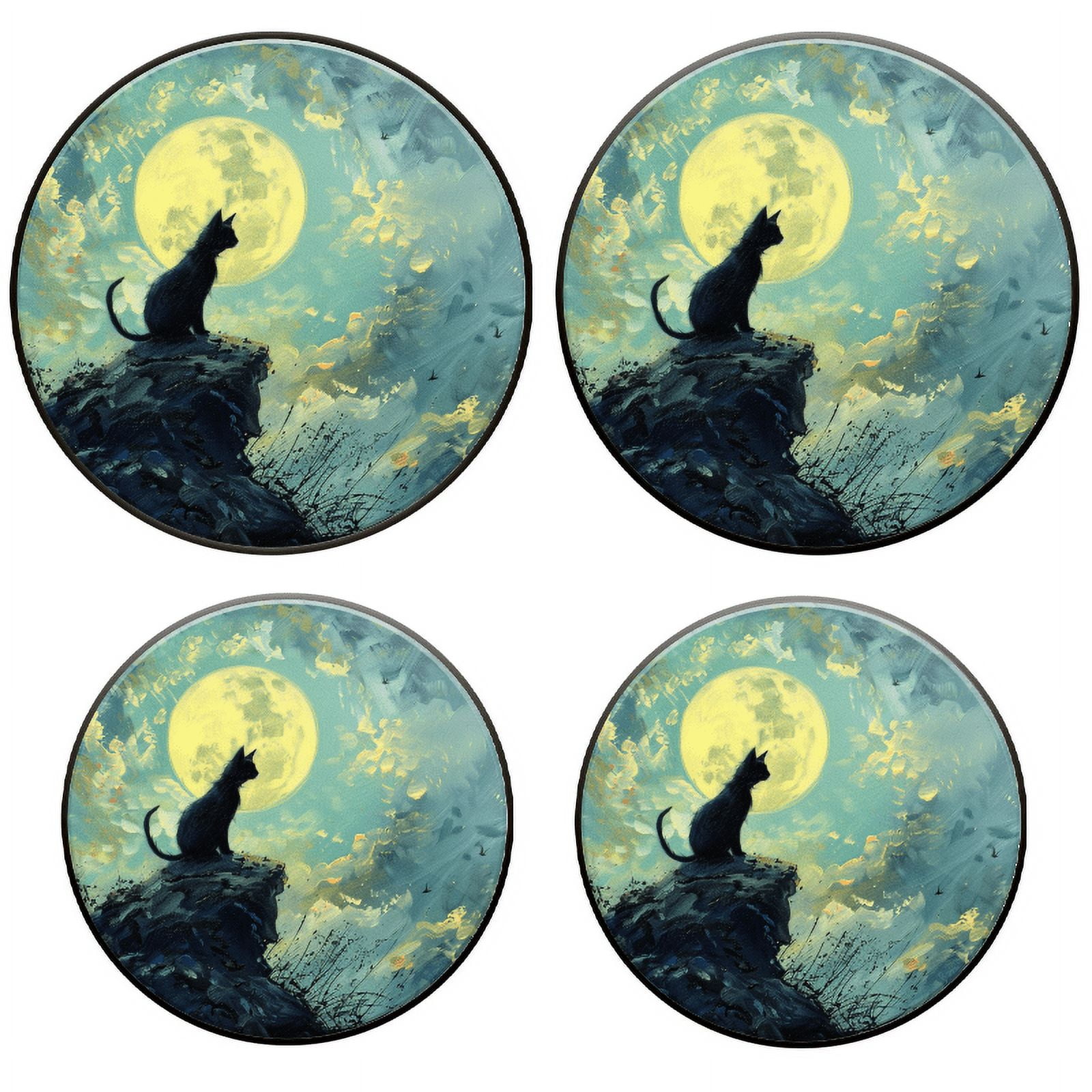 BaHomeck Electric Stove Burner Covers Set of 4,Round Metal Gas Stove Burner Covers 8 Inch and 10 Inch,Kitchen Decor,Black Cat Sits On The Edge Of Cliff And Gazing At The Full Moon