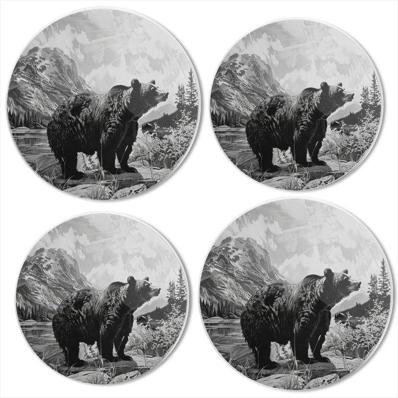 BaHomeck Electric Stove Burner Covers Set of 4,Round Metal Gas Stove Burner Covers 8 Inch and 10 Inch,Kitchen Decor,Black And White Drawing Of Adult Grizzly Bear