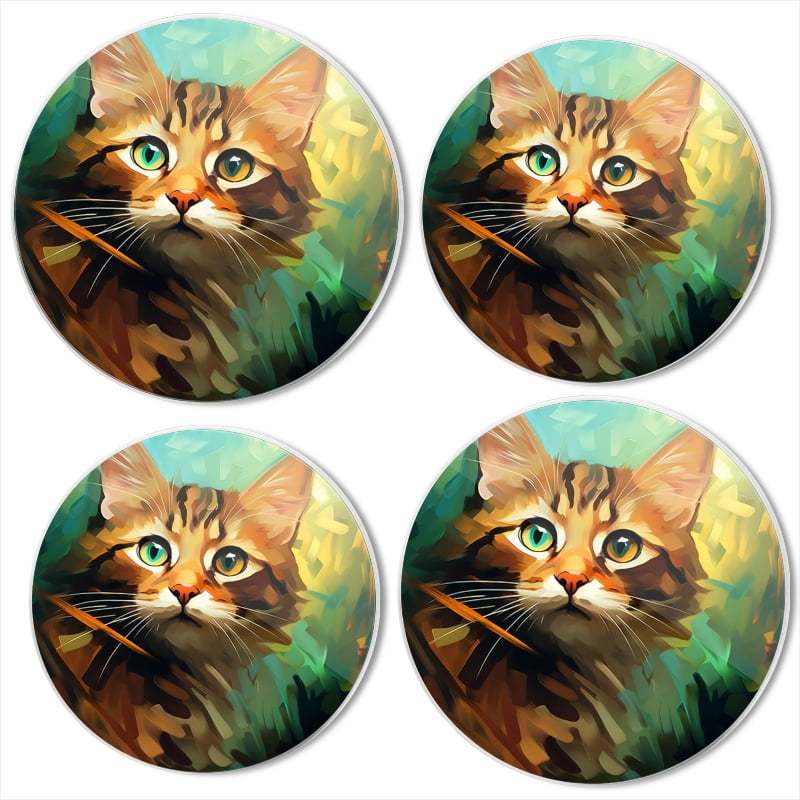 BaHomeck Electric Stove Burner Covers Set of 4,Round Metal Gas Stove Burner Covers 8 Inch and 10 Inch,Kitchen Decor,Brown And Black Tabby Cat With Green Eyes