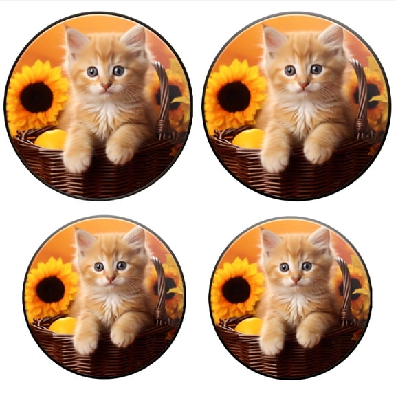 BaHomeck Electric Stove Burner Covers Set of 4,Round Metal Gas Stove Burner Covers 8 Inch and 10 Inch,Kitchen Decor,Cute Ginger Kitten Sits In Orange Basket Surrounded By Sunflowers And Lemons