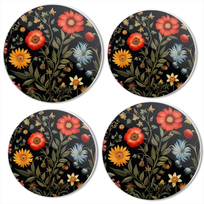 BaHomeck Electric Stove Burner Covers Set of 4,Round Metal Gas Stove Burner Covers 8 Inch and 10 Inch,Kitchen Decor,Detailed Wildflowers On Black Background