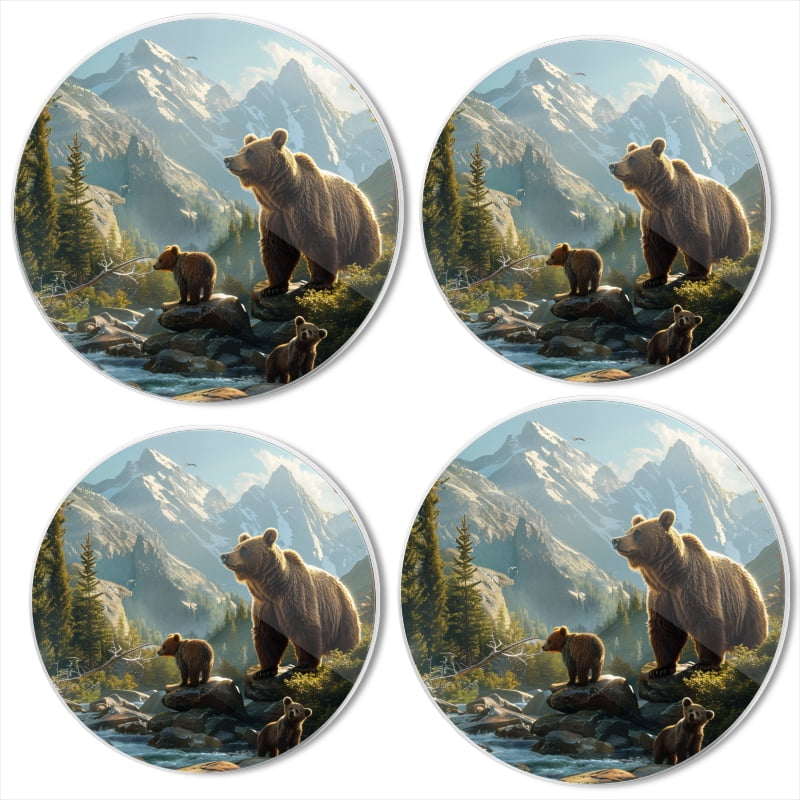 BaHomeck Electric Stove Burner Covers Set of 4,Round Metal Gas Stove Burner Covers 8 Inch and 10 Inch,Kitchen Decor,Family Of Grizzly Bears Including Cubs And Mother Bear