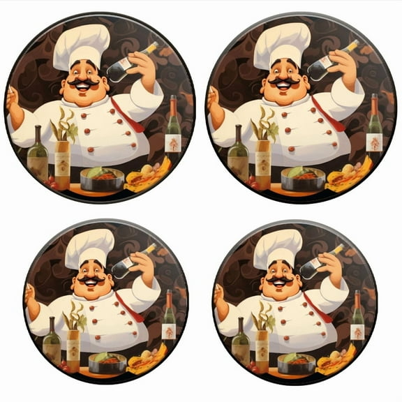 BaHomeck Electric Stove Burner Covers Set of 4,Round Metal Gas Stove Burner Covers 8 Inch and 10 Inch,Kitchen Decor,Fat Happy Chef With Mustache Holding Wine Bottle And Fork In Front