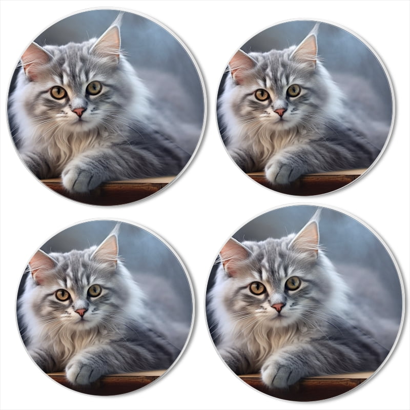 BaHomeck Electric Stove Burner Covers Set of 4,Round Metal Gas Stove Burner Covers 8 Inch and 10 Inch,Kitchen Decor,Grey Maine Coon Cat With White Paws And Face