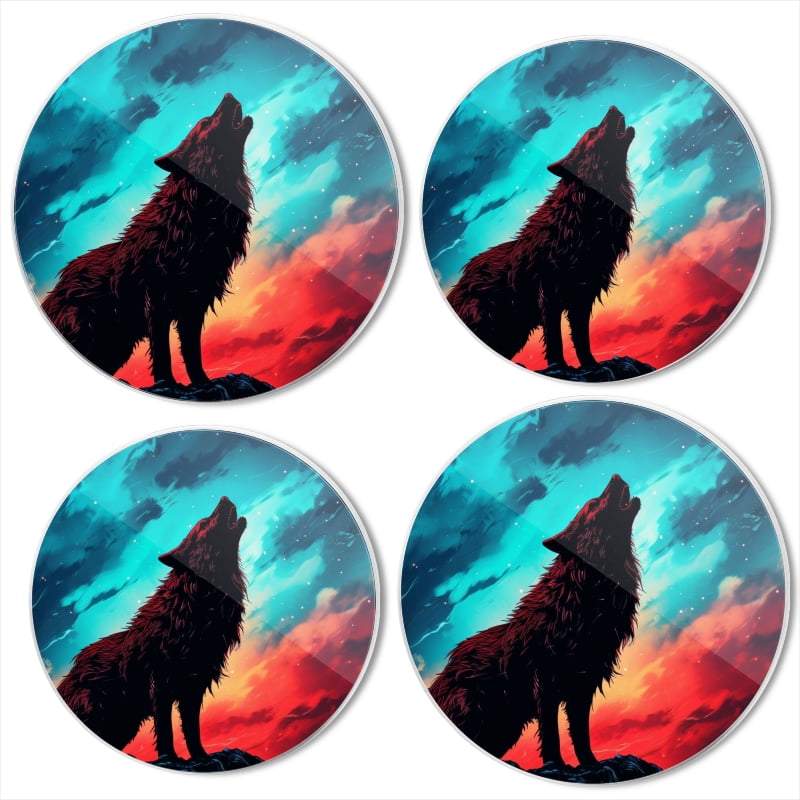 BaHomeck Electric Stove Burner Covers Set of 4,Round Metal Gas Stove Burner Covers 8 Inch and 10 Inch,Kitchen Decor,Howling Wolf WithSky Full Of Aurora Borealis Colors