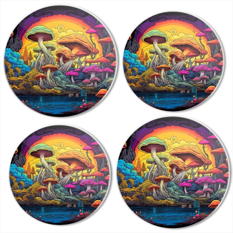 BaHomeck Electric Stove Burner Covers Set of 4,Round Metal Gas Stove Burner Covers 8 Inch and 10 Inch,Kitchen Decor,Mushroom Forest With Lake In Vibrant Colors