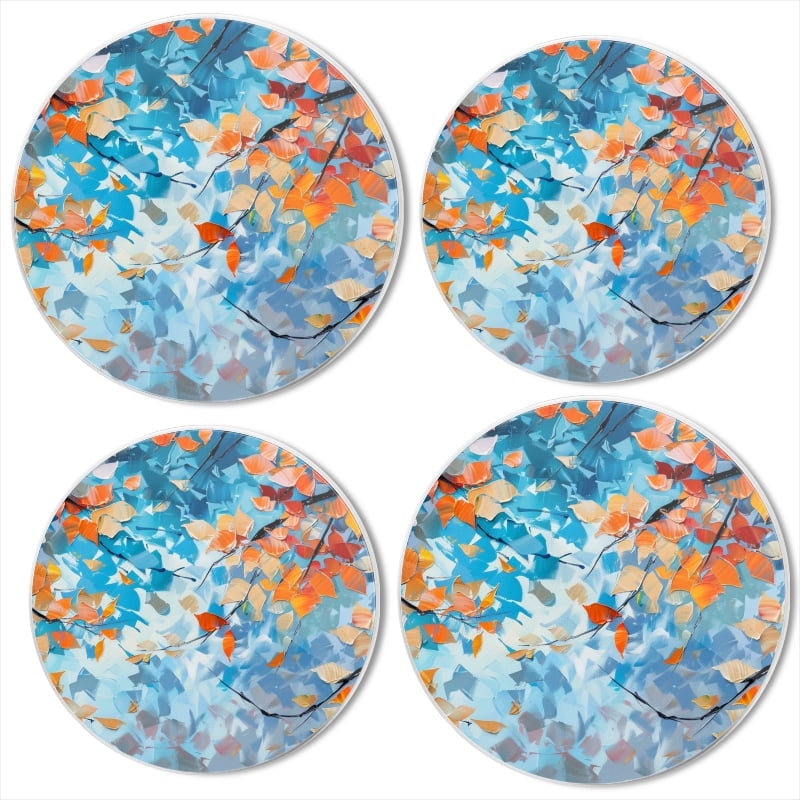 BaHomeck Electric Stove Burner Covers Set of 4,Round Metal Gas Stove Burner Covers 8 Inch and 10 Inch,Kitchen Decor,Orange And Blue Leaves On Tree Branches