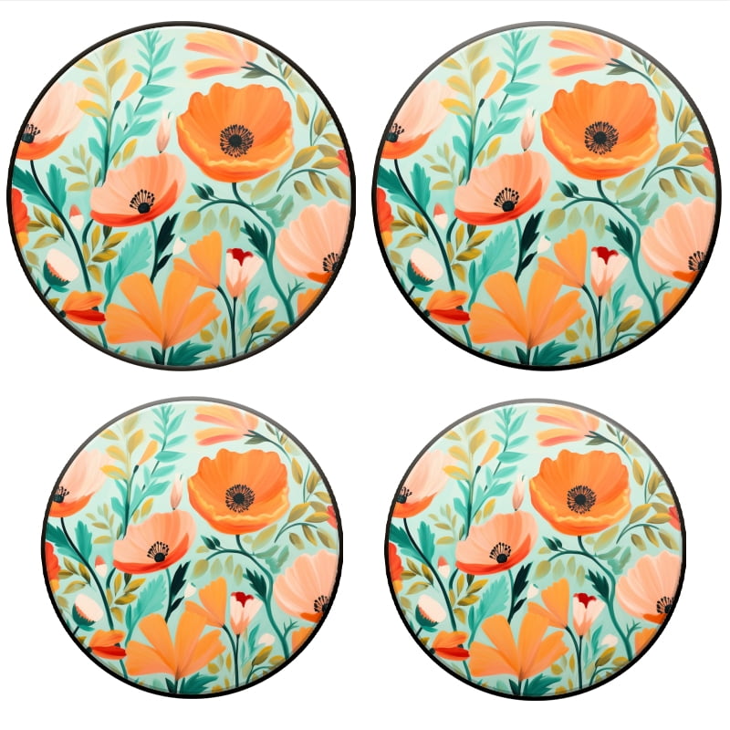 BaHomeck Electric Stove Burner Covers Set of 4,Round Metal Gas Stove Burner Covers 8 Inch and 10 Inch,Kitchen Decor,Orange Poppies And Green Leaves On Light Background