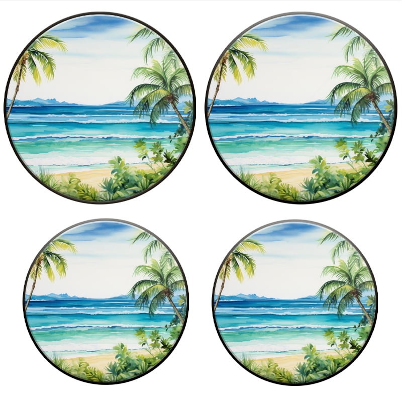 BaHomeck Electric Stove Burner Covers Set of 4,Round Metal Gas Stove Burner Covers 8 Inch and 10 Inch,Kitchen Decor,Palm Trees On The Beach With Ocean Waves And Tropical Foliage