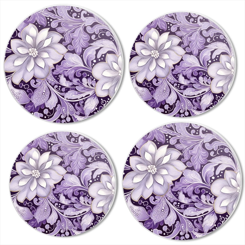BaHomeck Electric Stove Burner Covers Set of 4,Round Metal Gas Stove Burner Covers 8 Inch and 10 Inch,Kitchen Decor,Purple And White Flowers And Leaves On A Purple Background