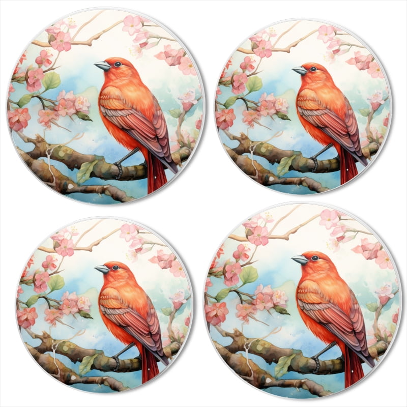 BaHomeck Electric Stove Burner Covers Set of 4,Round Metal Gas Stove Burner Covers 8 Inch and 10 Inch,Kitchen Decor,Red Bird Perched On A Cherry Blossom Tree Branch