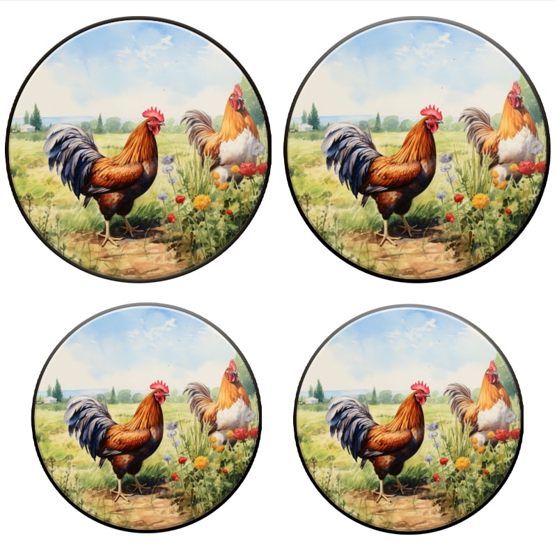 BaHomeck Electric Stove Burner Covers Set of 4,Round Metal Gas Stove Burner Covers 8 Inch and 10 Inch,Kitchen Decor,Roosters In Field With Flowers On Sunny Day