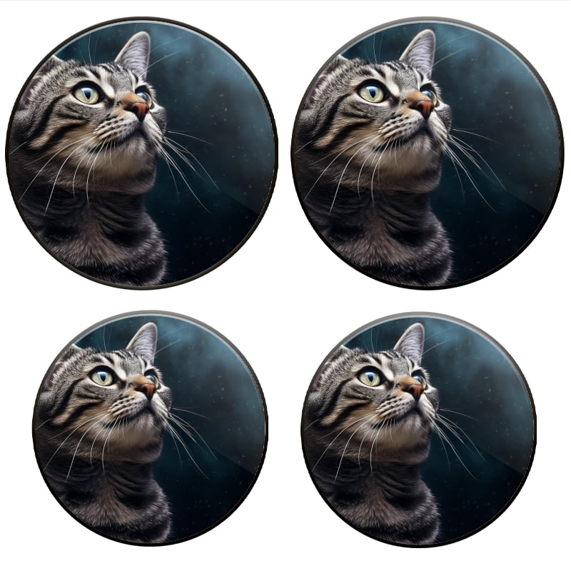 BaHomeck Electric Stove Burner Covers Set of 4,Round Metal Gas Stove Burner Covers 8 Inch and 10 Inch,Kitchen Decor,Silver Tabby American Shorthair Cat Gazing Up At The Night