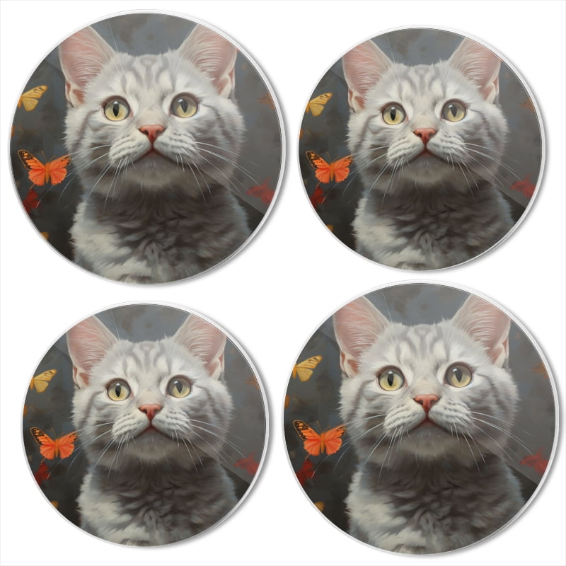 BaHomeck Electric Stove Burner Covers Set of 4,Round Metal Gas Stove Burner Covers 8 Inch and 10 Inch,Kitchen Decor,Silver Tabby Cat Surrounded By Butterflies With Cute Expression