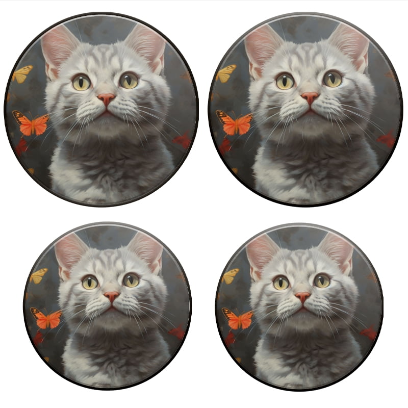 BaHomeck Electric Stove Burner Covers Set of 4,Round Metal Gas Stove Burner Covers 8 Inch and 10 Inch,Kitchen Decor,Silver Tabby Cat Surrounded By Butterflies With Cute Expression