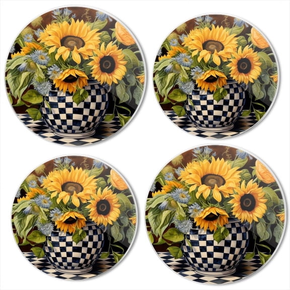 BaHomeck Electric Stove Burner Covers Set of 4,Round Metal Gas Stove Burner Covers 8 Inch and 10 Inch,Kitchen Decor,Sunflowers And Blue Wildflowers In Vase On Table