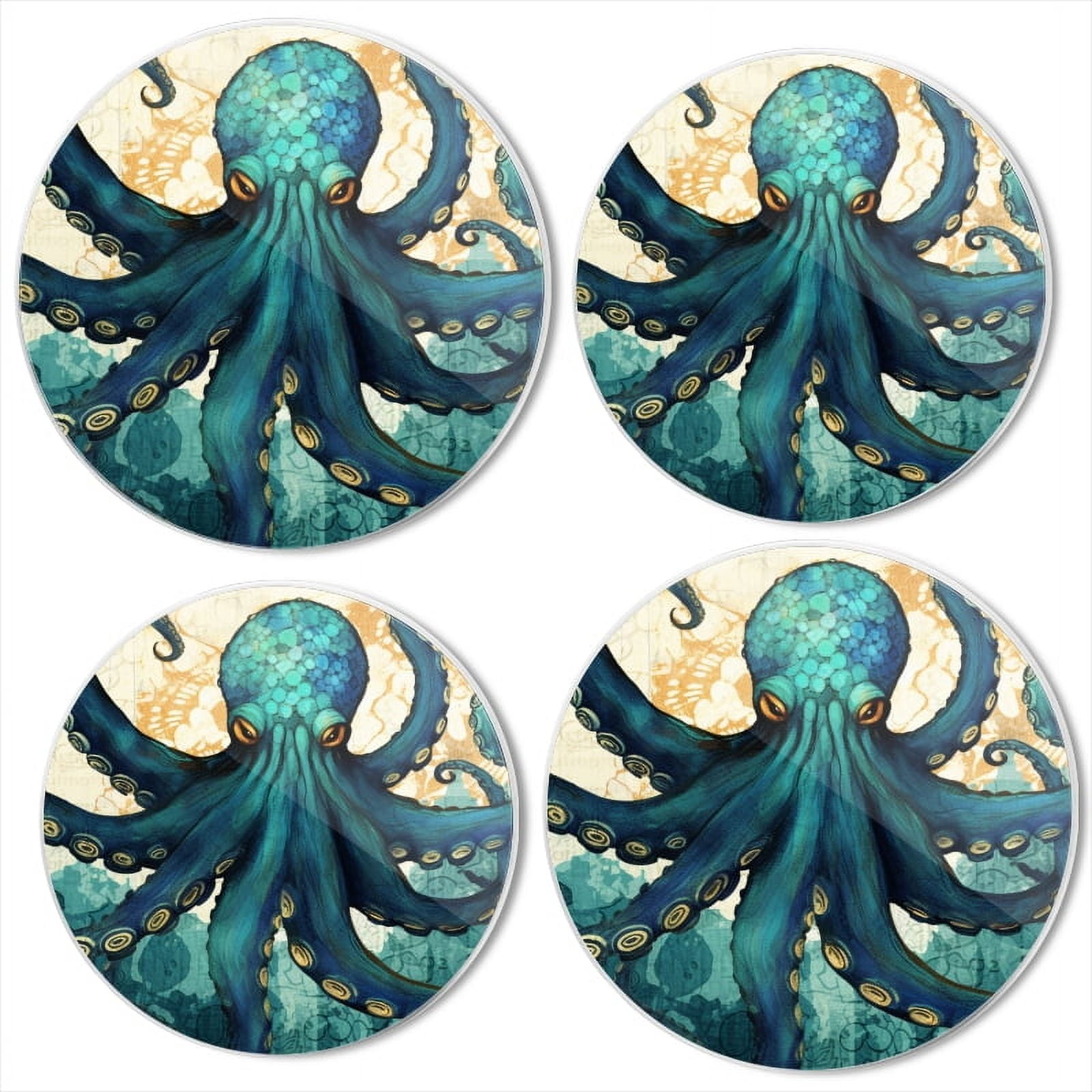 BaHomeck Electric Stove Burner Covers Set of 4,Round Metal Gas Stove Burner Covers 8 Inch and 10 Inch,Kitchen Decor,Teal Octopus With Intricate Tentacles