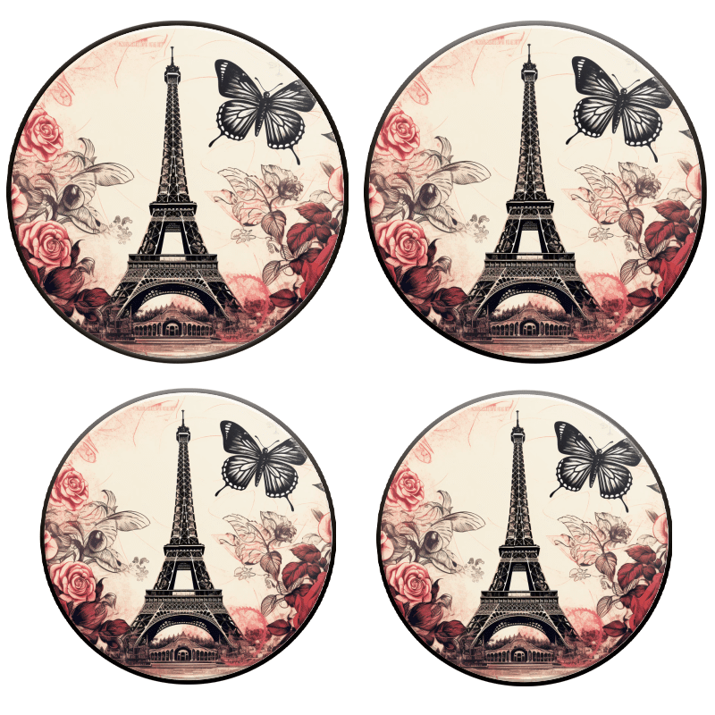 BaHomeck Electric Stove Burner Covers Set of 4,Round Metal Gas Stove Burner Covers 8 Inch and 10 Inch,Kitchen Decor,The Eiffel Tower Surrounded By Red Roses And Butterflies