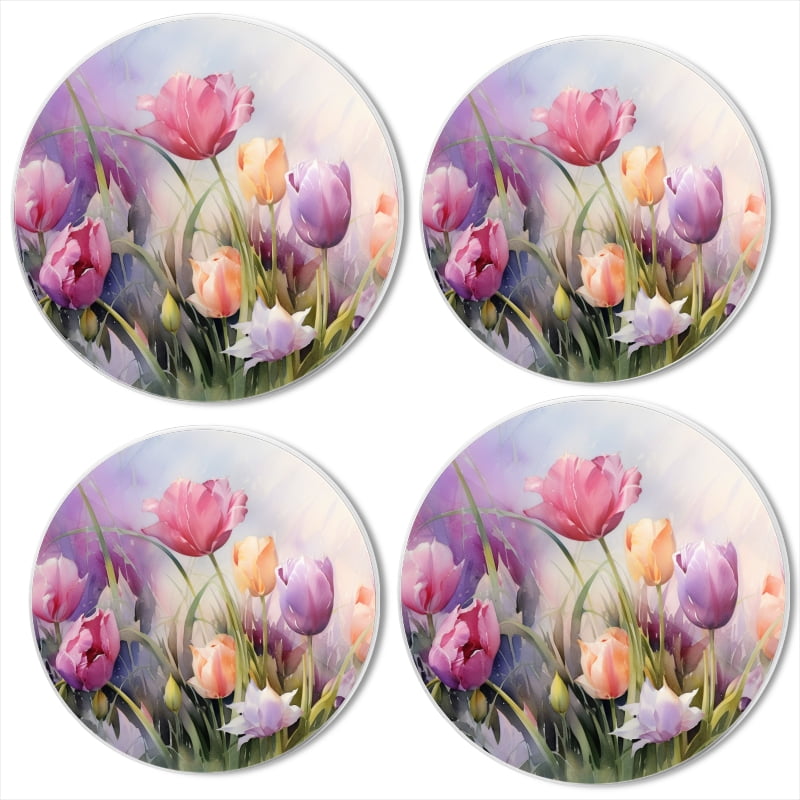 BaHomeck Electric Stove Burner Covers Set of 4,Round Metal Gas Stove Burner Covers 8 Inch and 10 Inch,Kitchen Decor,Tulips In Meadow With Pastel Colors Soft Lighting