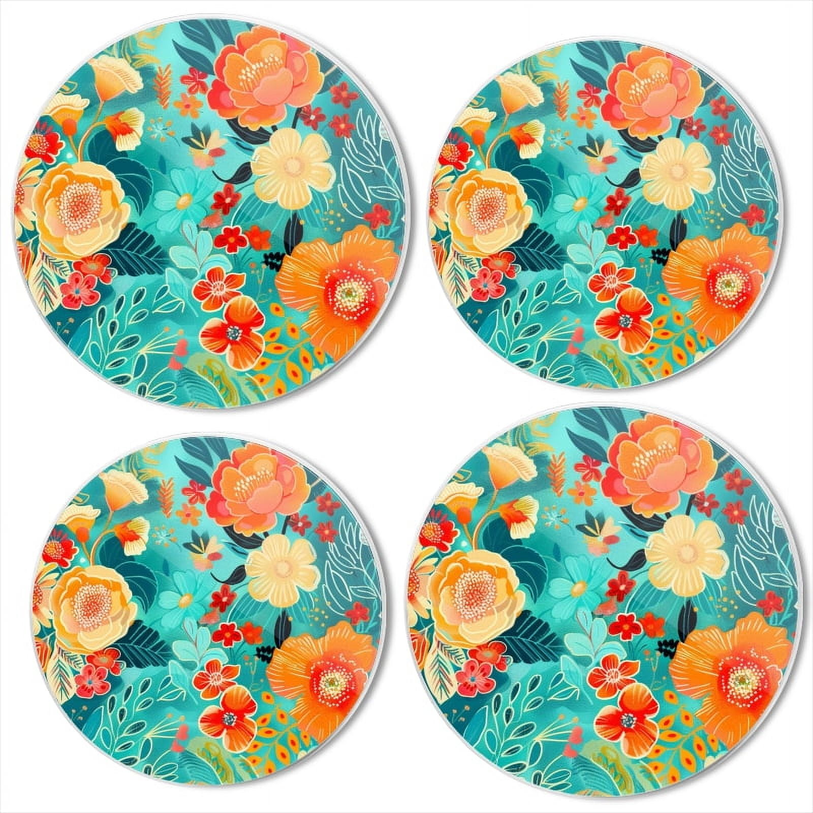 BaHomeck Electric Stove Burner Covers Set of 4,Round Metal Gas Stove Burner Covers 8 Inch and 10 Inch,Kitchen Decor,Vibrant Pattern Of Turquoise And Coral Flowers