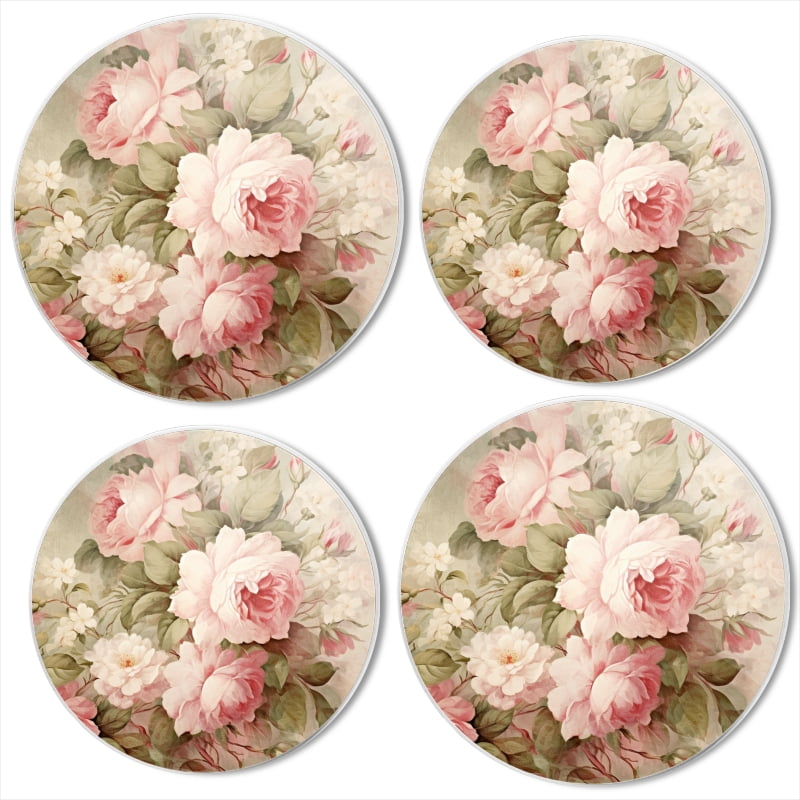 BaHomeck Electric Stove Burner Covers Set of 4,Round Metal Gas Stove Burner Covers 8 Inch and 10 Inch,Kitchen Decor,Vintage Floral With Pink Roses And White Blossoms