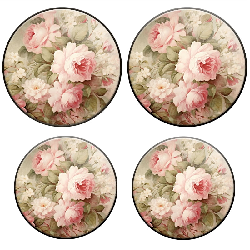 BaHomeck Electric Stove Burner Covers Set of 4,Round Metal Gas Stove Burner Covers 8 Inch and 10 Inch,Kitchen Decor,Vintage Floral With Pink Roses And White Blossoms