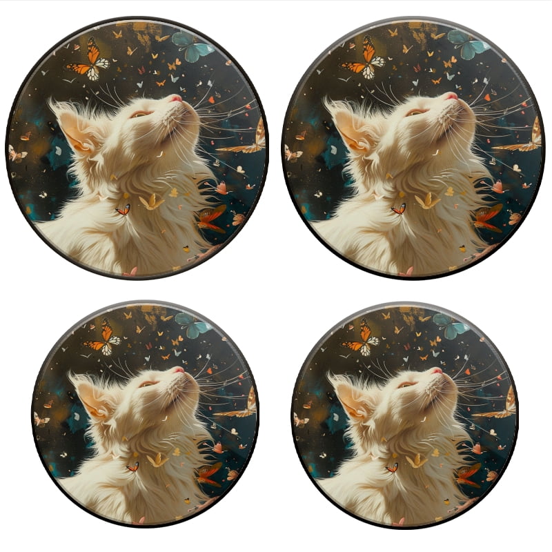 BaHomeck Electric Stove Burner Covers Set of 4,Round Metal Gas Stove Burner Covers 8 Inch and 10 Inch,Kitchen Decor,White Cat Surrounded By Butterflies Of Fantasy Art