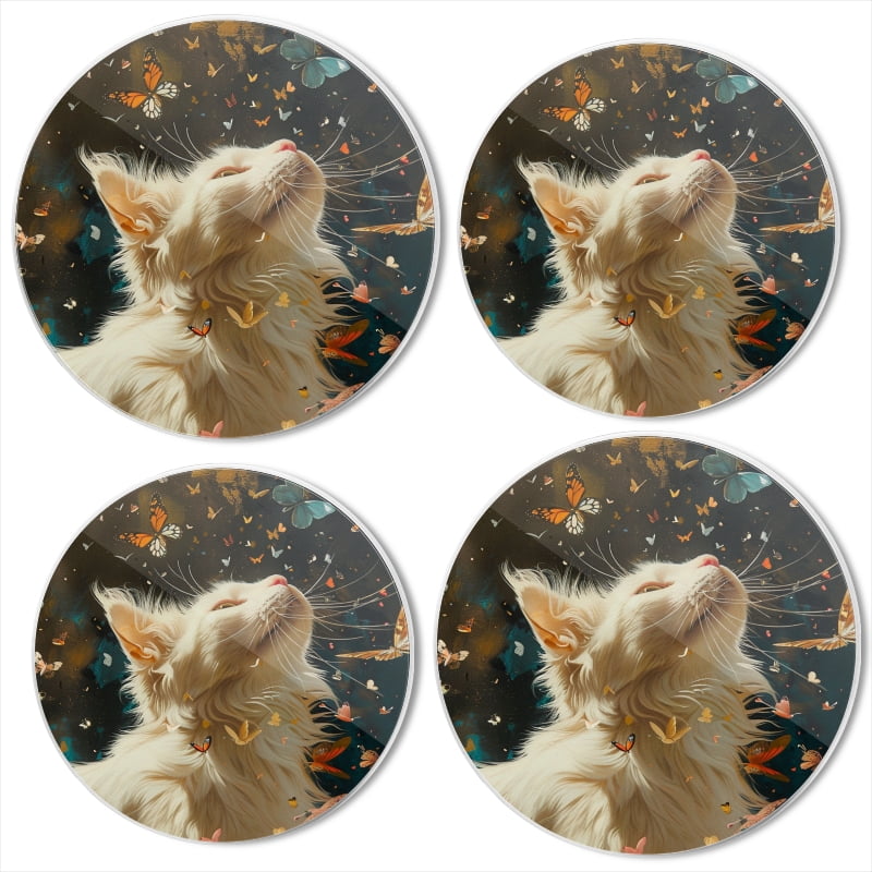 BaHomeck Electric Stove Burner Covers Set of 4,Round Metal Gas Stove Burner Covers 8 Inch and 10 Inch,Kitchen Decor,White Cat Surrounded By Butterflies Of Fantasy Art