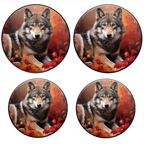 BaHomeck Electric Stove Burner Covers Set of 4,Round Metal Gas Stove Burner Covers 8 Inch and 10 Inch,Kitchen Decor,Wolf Surrounded By Vibrant Red Autumn Leaves