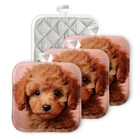 BaHomeck Heat Resistant Hot Pads 4 pack Adorable Portrait Of Poodle Puppy Square Pot Holder for Kitchen Cooking oven And BBQ grill with Hanging Loop Potholder machine washable