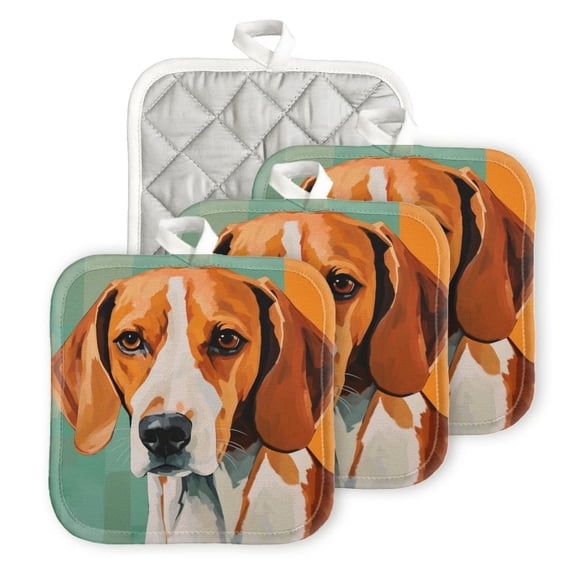 BaHomeck Heat Resistant Hot Pads 4 pack American Foxhound Dog With Orange And Green Background Square Pot Holder for Kitchen Cooking oven And BBQ grill with Hanging Loop Potholder machine washable